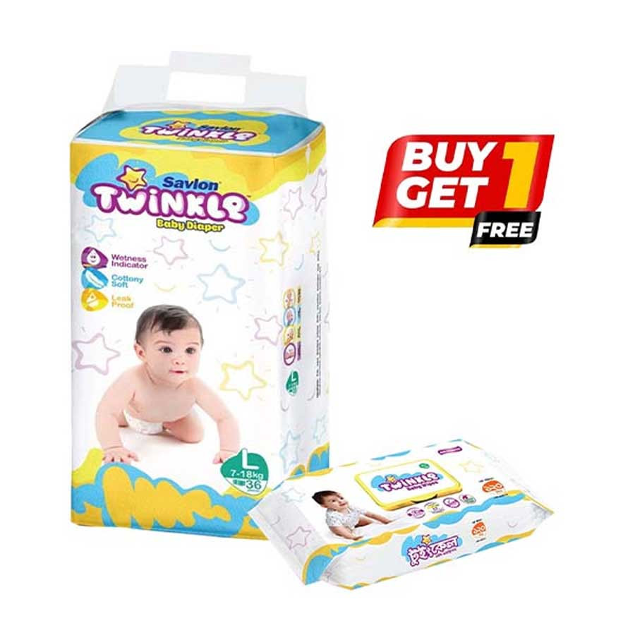 Savlon Twinkle Baby Belt Diaper Large 36 Pieces With (Savlon Twinkle Baby Wipes Pouch 120pcs ) FREE