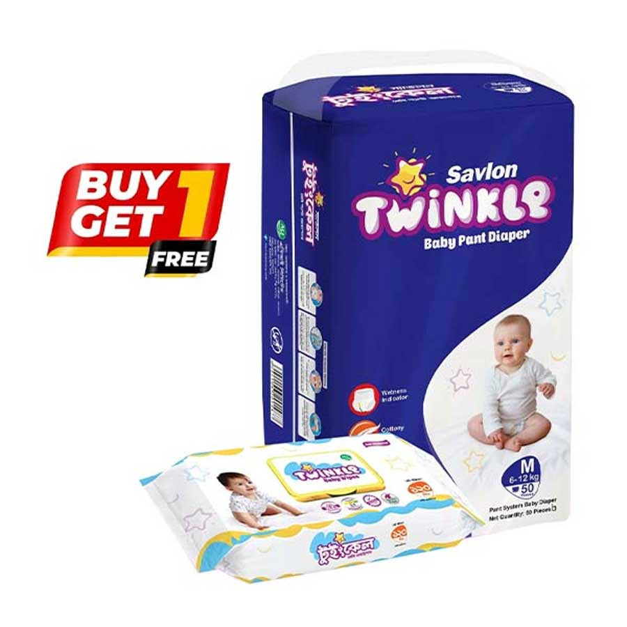 Savlon Twinkle Baby Pant Diaper Medium 50 Pieces With (Savlon Twinkle Baby Wipes Pouch 120pcs) FREE